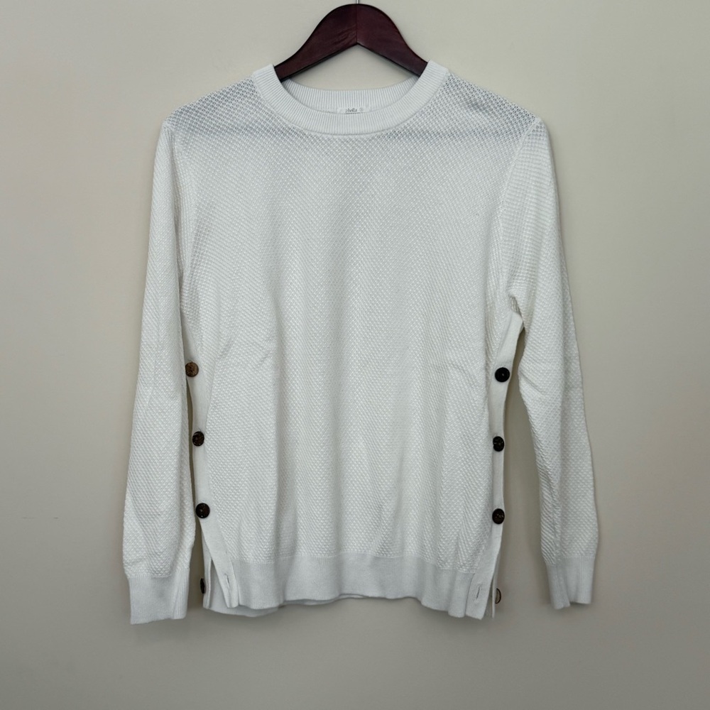 2 Bella White Crewneck Sweater Lightweight Knit with Button Detail on Side